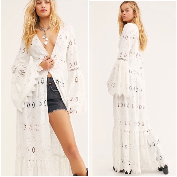 Free People Other - FREE PEOPLE Sweet Water Duster in Powder White Eyelet Long Kimono Jacket - NWT
